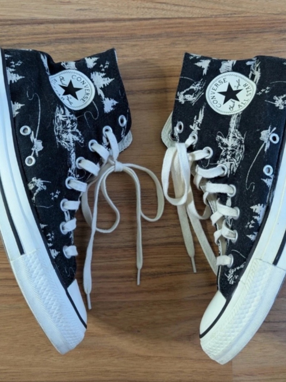 Converse women’s 7 Black High-Top Sneakers with White Graphic Print